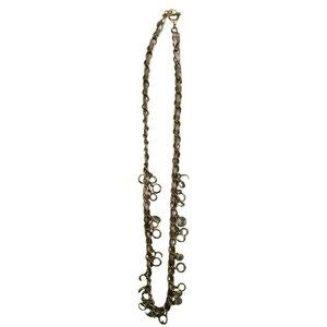 Vintage Gold Tone Chain Necklace With Brown Taupe Ribbon & Crystal Accents 30"